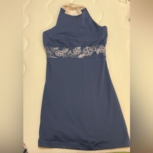 Blue Halter Dress with Floral Embroidery
